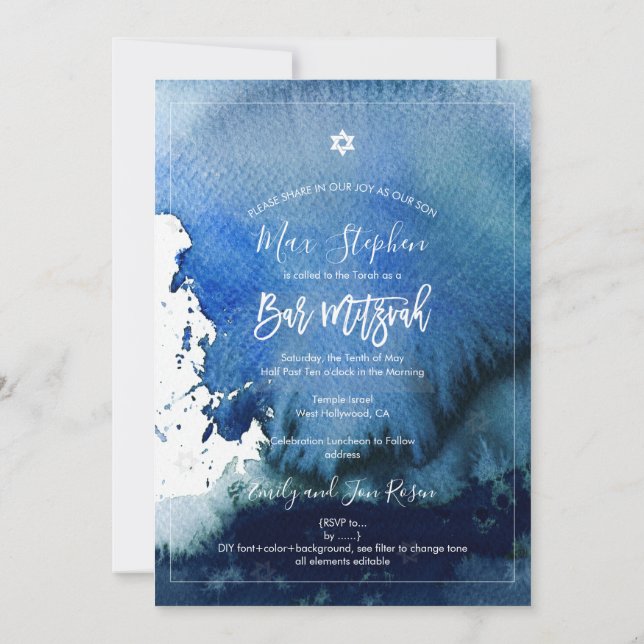 Invitation PixDezines Bar Mitzvah |Aquarelle bleu marine (Dos)