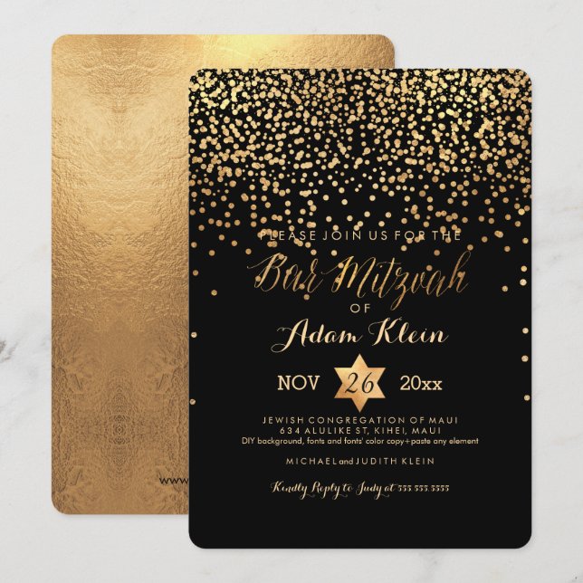 Invitation PixDezines Bar Mitzvah/Faux Gold Confetti (Devant / Derrière)