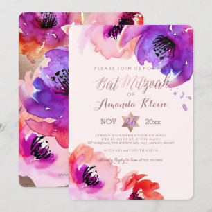 Invitation PixDezines ✡ Bat mitzvah/aquarelle florale