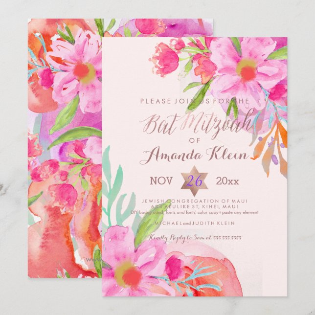 Invitation PixDezines ✡ Bat mitzvah/aquarelle florale (Devant / Derrière)