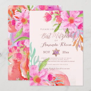 Invitation PixDezines ✡ Bat mitzvah/aquarelle florale
