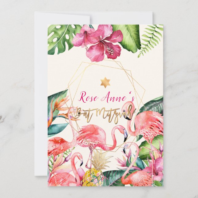 Invitation PixDezines Bat mitzvah Flamant rose rose tropical (Devant)