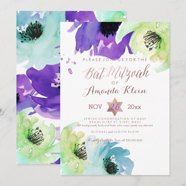 Invitation PixDezines ✡ Bat Mitzvah/Fleur Aquarelle (Devant / Derrière)