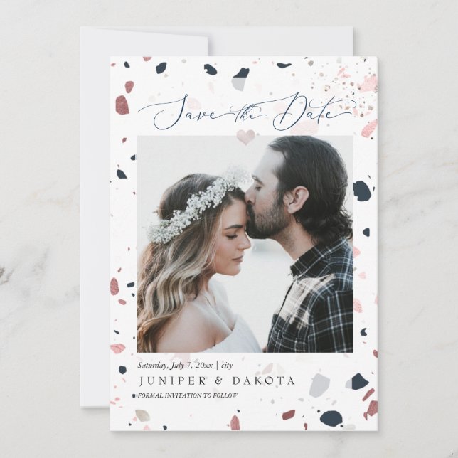 Invitation PixDezines Blue Blush Terrazzo, Date de sauvegarde (Devant)