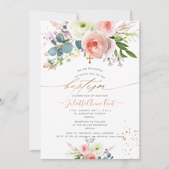 Invitation PixDezines Blush Aquarelle Peonies Baptême (Devant)