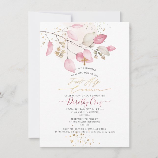 Invitation PixDezines Blush Gum Eucalyptus 1ère sainte commun (Devant)