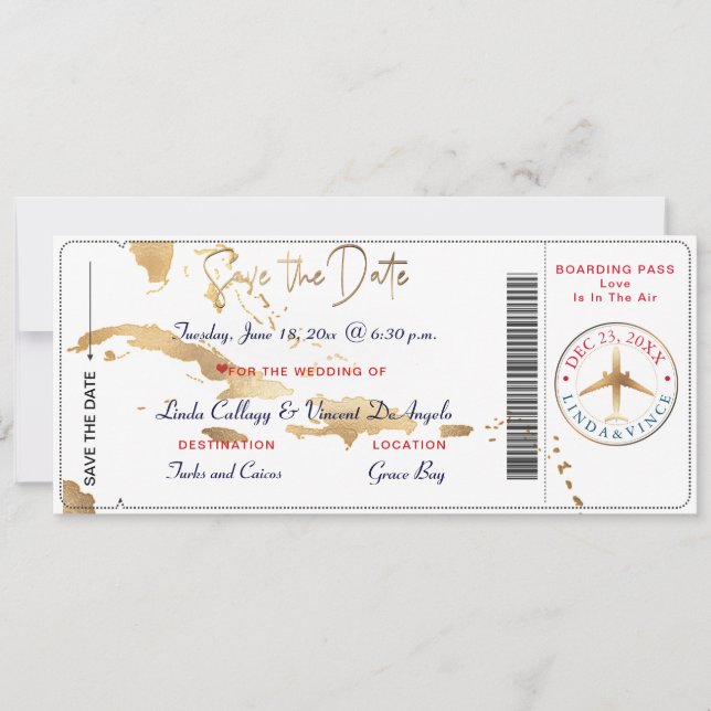 Invitation PixDezines Boarding Pass Save Date, Caribbean Map (Devant)