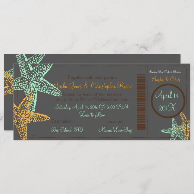 Invitation PixDezines Boarding Pass+Starfish+Beach Wedding (Devant / Derrière)