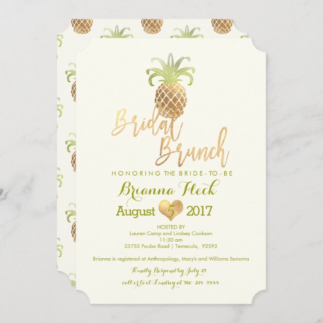Invitation PixDezines Bridal Brunch/Faux Gold/Pineapples Card (Devant / Derrière)