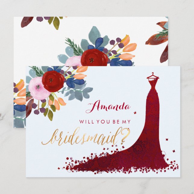 Invitation PixDezines Bridesmaid/Floral/Aquarelle/Rouge (Devant / Derrière)