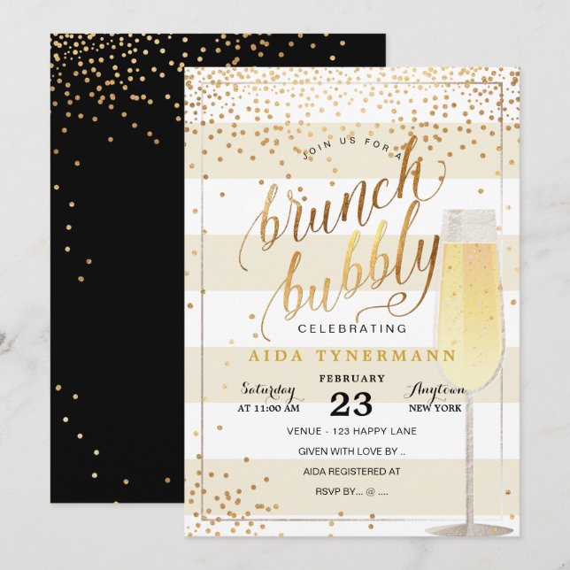 Invitation PixDezines Bruch+Bubbly Gold Confetti (Devant / Derrière)