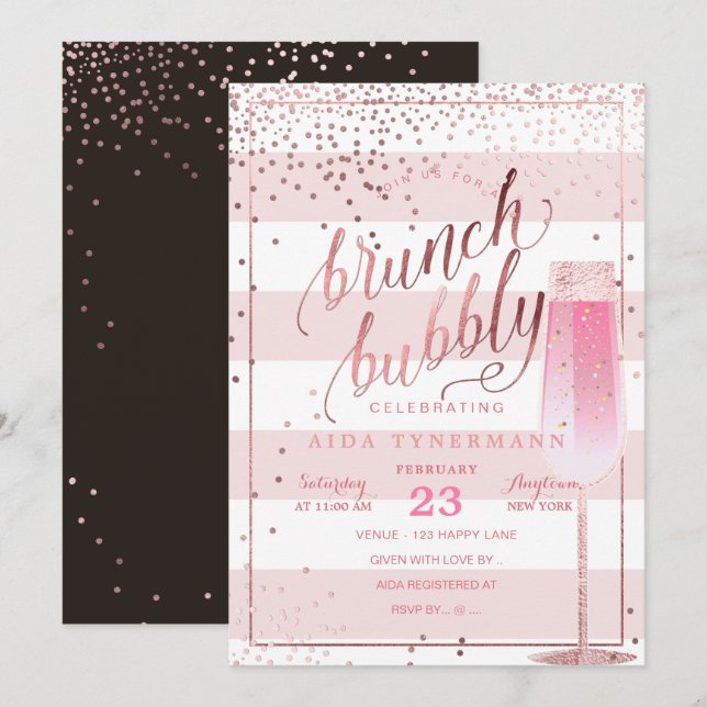 Invitation PixDezines Bruch+Bubbly Rose Gold Confetti (Devant / Derrière)