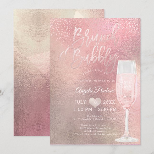 Invitation PixDezines Brunch Bubbly/Confetti+Ombre Rose (Devant / Derrière)