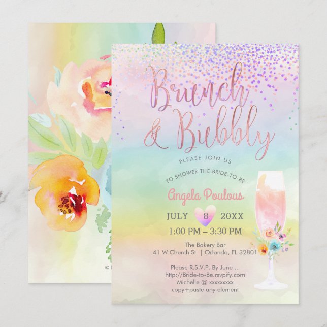 Invitation PixDezines Brunch Bubbly/Cotton Candy Confetti (Devant / Derrière)