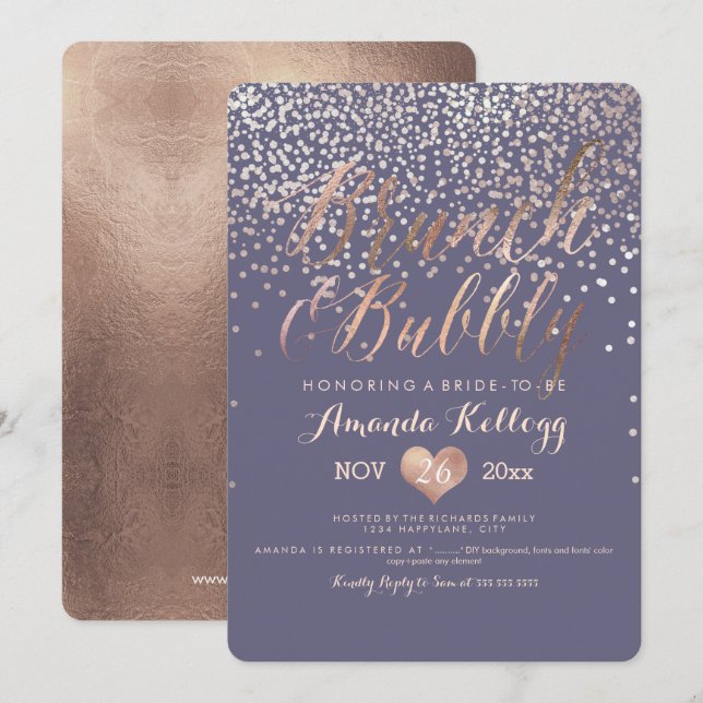 Invitation PixDezines Brunch & Bubbly ébloui en or Rose (Devant / Derrière)