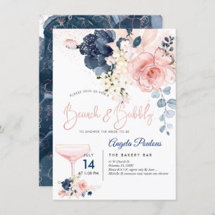 Invitation PixDezines Brunch Bubbly Navy Blush H2 fleurs