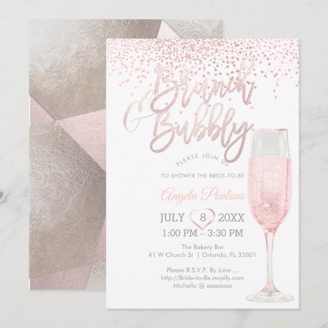 Invitation PixDezines Brunch Bubbly/Pink+Silver Confetti (Devant / Derrière)