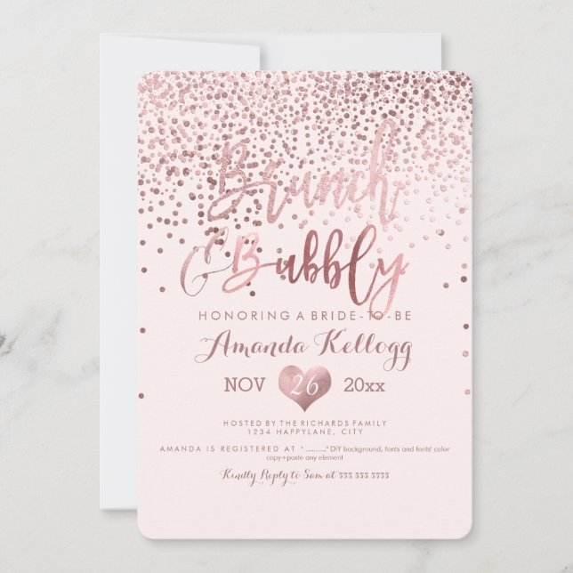 Invitation PixDezines Brunch N Bubbly/Rose Gold Confetti (Devant)