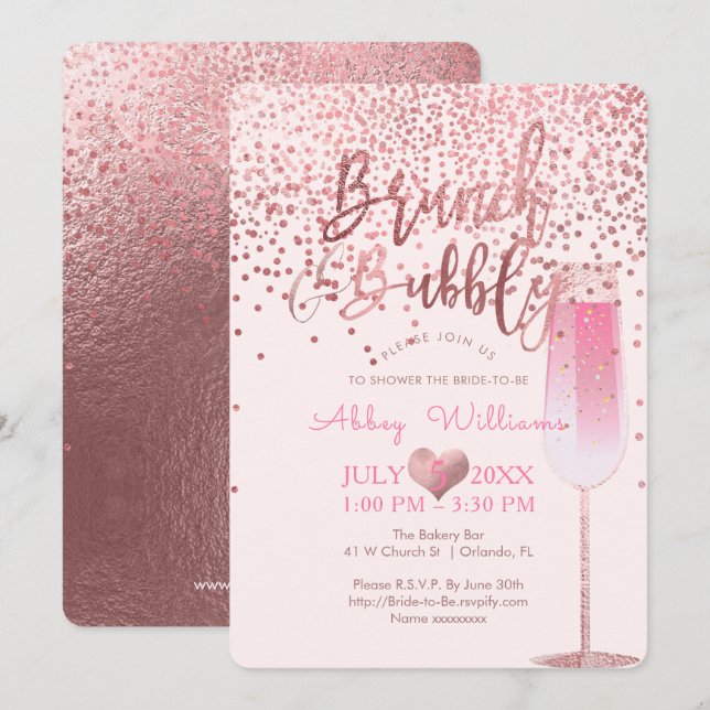 Invitation PixDezines Brunch N Bubbly/Rose Gold/Confetti (Devant / Derrière)