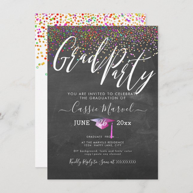 Invitation PixDezines Chalkboard Confetti Grad Party (Devant / Derrière)