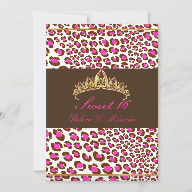 Invitation PixDezines chocolat Tiara+Leopard Sweet 16/rose (Devant)