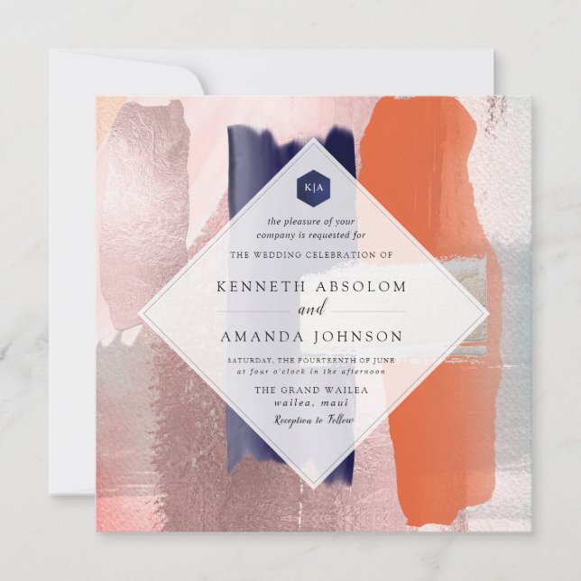Invitation PixDezines Color Block Modern Art Blush Navy (Devant)
