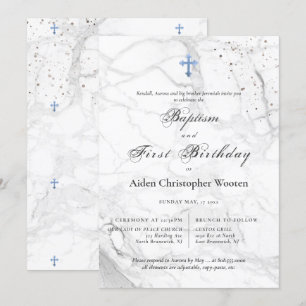 Invitation PixDezines Croix Bleue Marbre Baptême 1er annivers