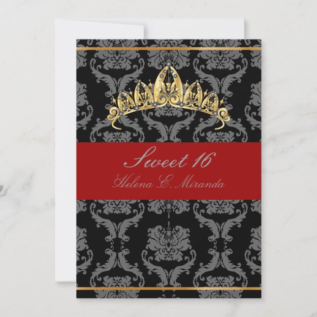 Invitation PixDezines Damask Sweet 16/ tiara/velours noir/rou (Devant)
