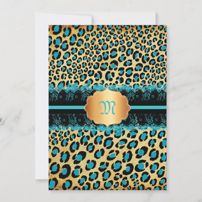 Invitation PixDezines dentelle+taches léopard/turquoise+noir (Devant)