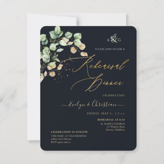 Invitation PixDezines Dollar Rustique Eucalyptus Navy n Or (Devant)