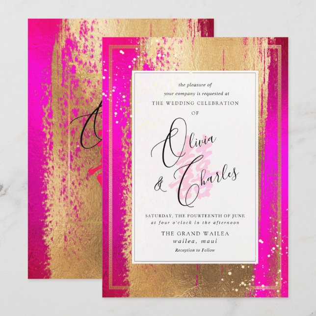 Invitation PixDezines Double Bonheur, Faux Gold Hot Pink (Devant / Derrière)