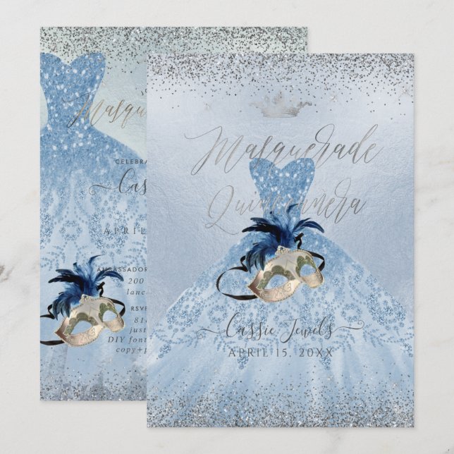 Invitation PixDezines Dusty Blue Masquerade Quinceanera Gown (Devant / Derrière)