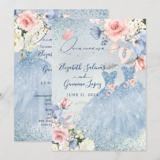 Invitation PixDezines Dusty Blue Roses jumeaux Quinceanera