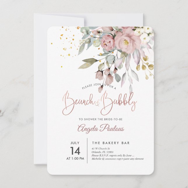 Invitation PixDezines Dusty Rose Eucalyptus Brunch+Bubbly (Devant)