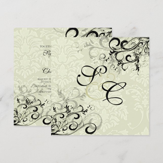 Invitation PixDezines EBONY SWIRLS/IVORY BAROQUE DAMASK (Devant / Derrière)