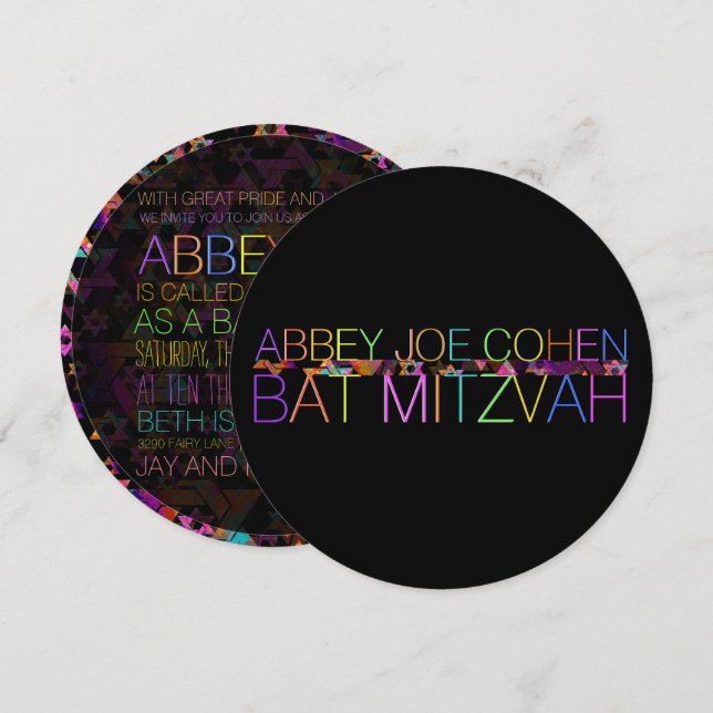Invitation PixDezines étoiles psychédéliques/néon/bat mitzvah (Devant / Derrière)