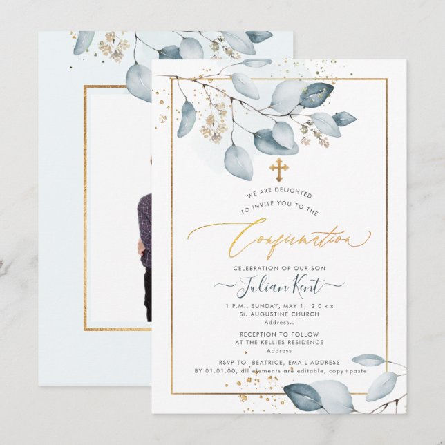 Invitation PixDezines Eucalyptus Blue Gommier Confirmation (Devant / Derrière)