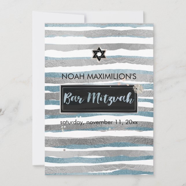 Invitation PixDezines faux argent/bleu/bandes bar mitzvah (Devant)