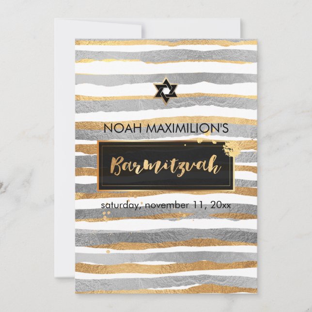 Invitation PixDezines faux argent/or/rayures bar mitzvah (Devant)