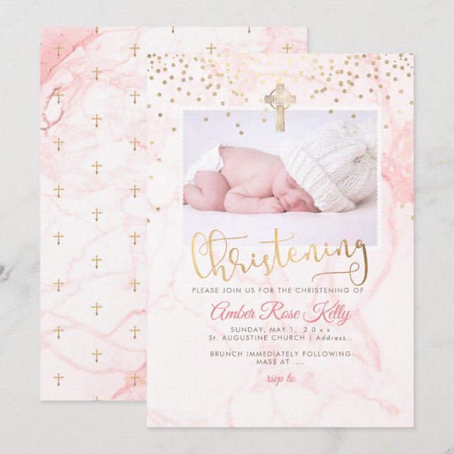 Invitation PixDezines Faux Gold Confetti+Marble Christening (Devant / Derrière)