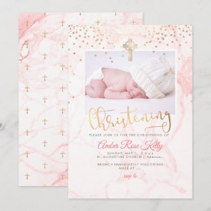 Invitation PixDezines Faux Gold Confetti+Marble Christening