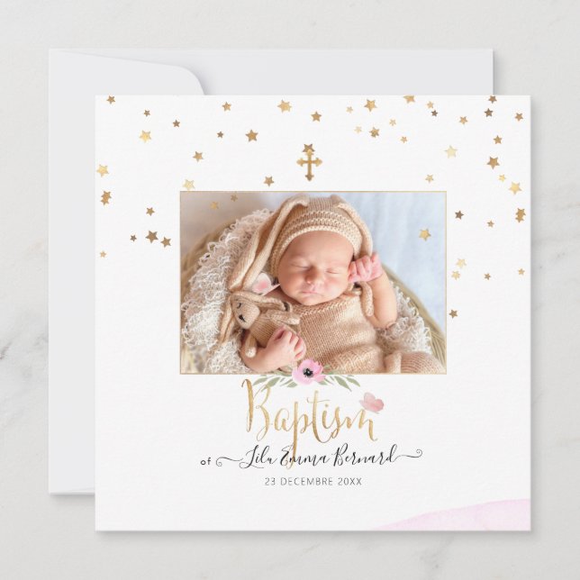 Invitation PixDezines Faux Gold Stars Baptême (Devant)