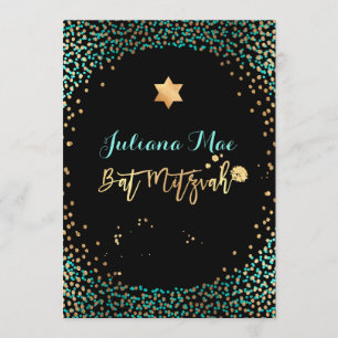 Invitation PixDezines Faux Gold+Turquoise Confetti Bat mitzva