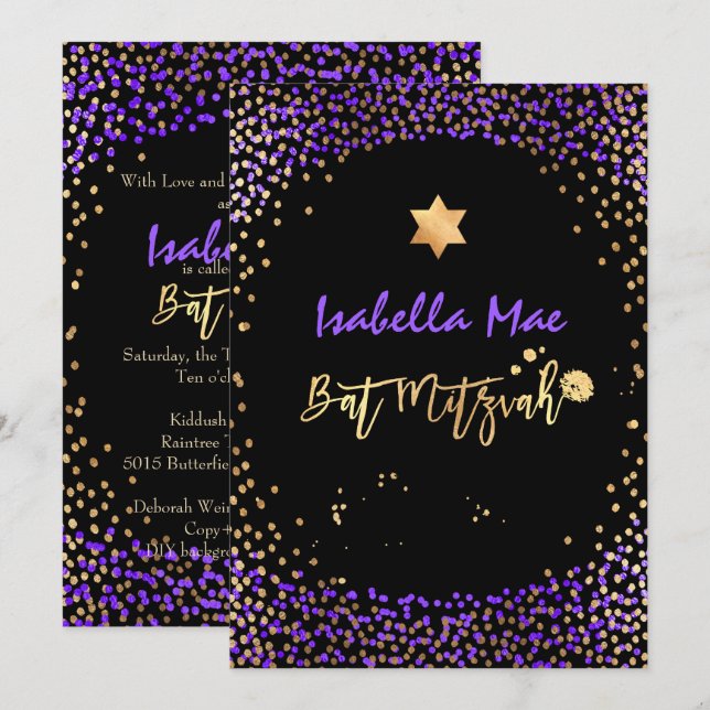 Invitation PixDezines Faux Or+ Violet Confetti Bat Mitzvah (Devant / Derrière)