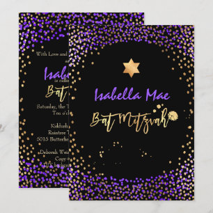 Invitation PixDezines Faux Or+ Violet Confetti Bat Mitzvah