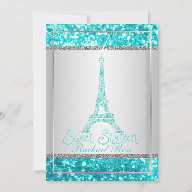 Invitation PixDezines faux parties scintillant eifflel/aqua b (Devant)