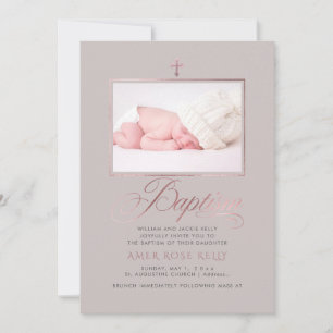 Invitation PixDezines Faux Rose Gold Cross Baptism