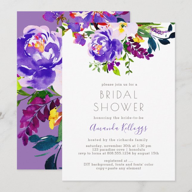 Invitation PixDezines Fête des mariées aquarelle florale, vio (Devant / Derrière)