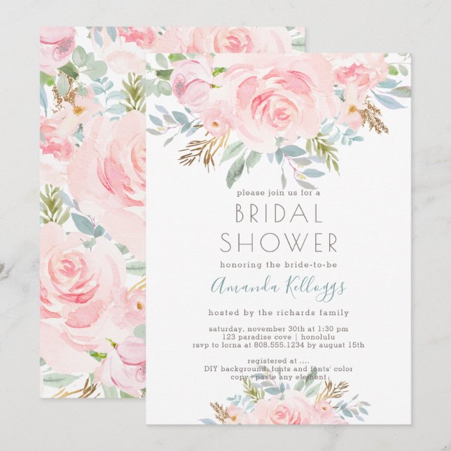Invitation PixDezines Fête des mariées Aquarelle Peonies Invi (Devant / Derrière)