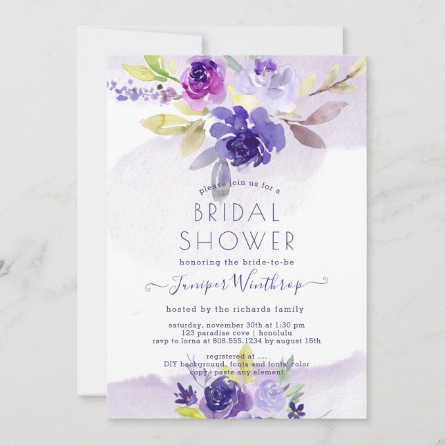 Invitation PixDezines Fête des mariées Aquarelle Violet Peoni (Devant)